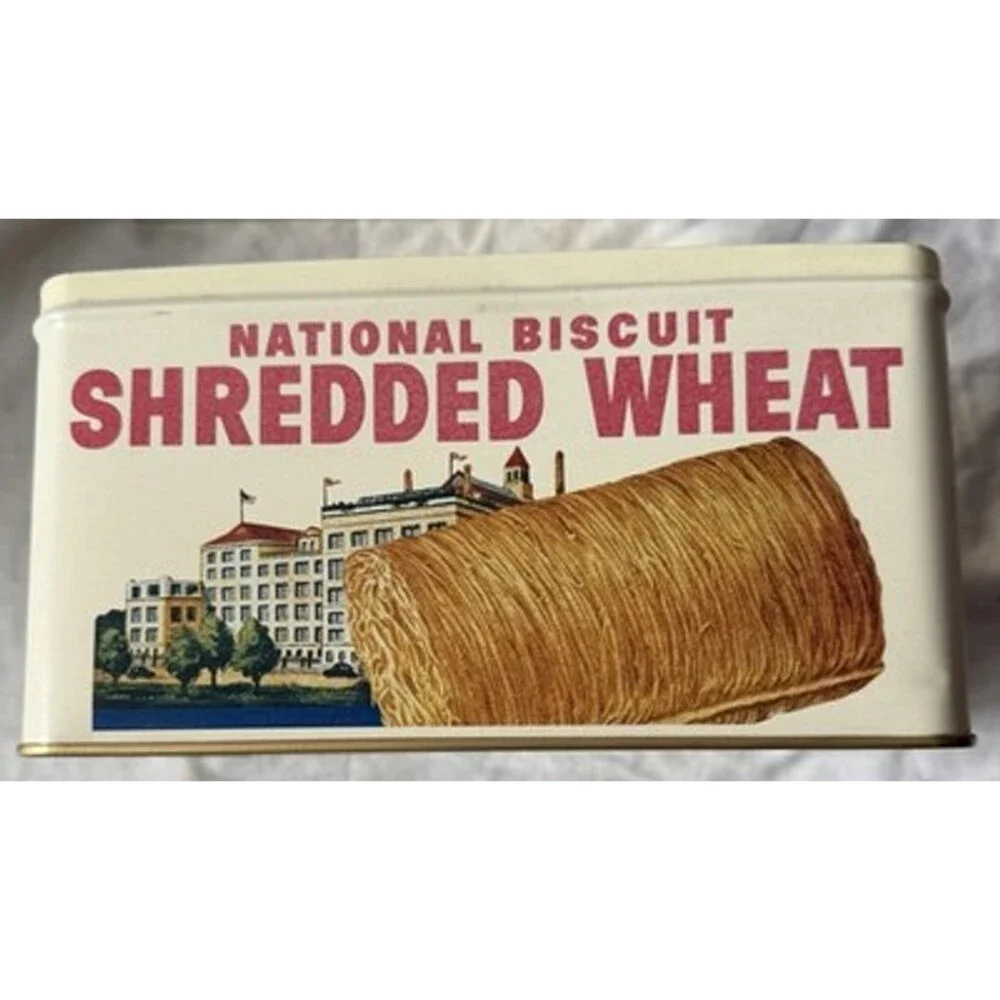 Vintage Nabisco Shredded Wheat Tin 1987 Dark Blue,Tan & Red Advertisement